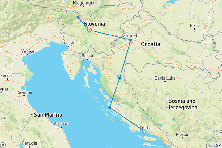 Map of Croatia & Slovenia (from Split to Ljubljana)