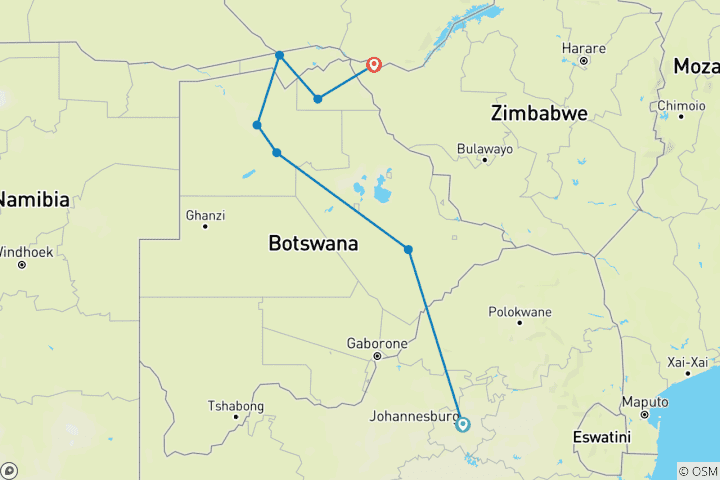 Map of Essential Botswana (from Johannesburg to Victoria Falls)