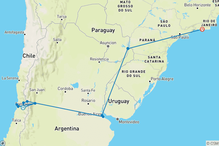 Map of Premium Chile, Argentina & Brazil (12 destinations)