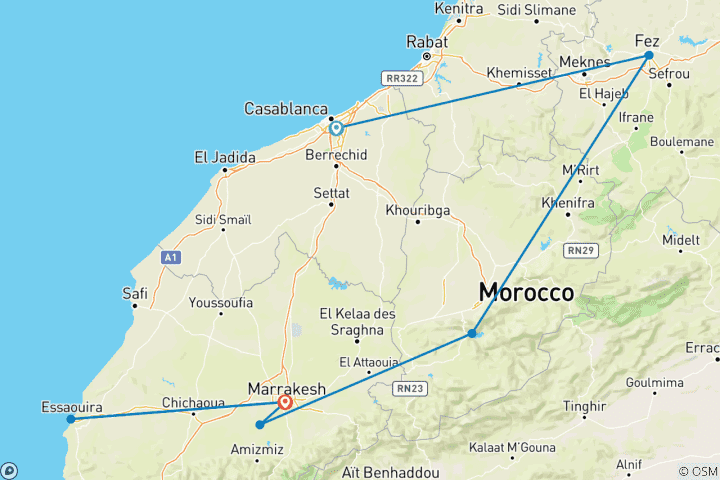 Map of Premium Morocco Highlights with Essaouira (including Agafay)