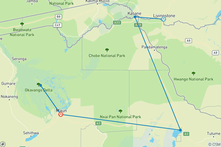 Map of Explore adventure activities in Livingstone the tourism hub of Zambia; venture into the Okavango Delta and Chobe National Park in Botswana -10-Days.