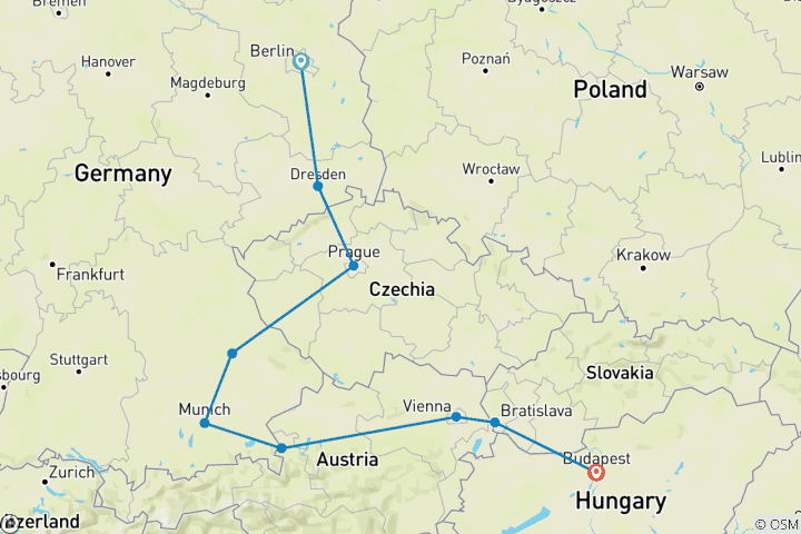 Mapa de Europa mágica: de Berlín a Budapest (hoteles 4 estrellas)