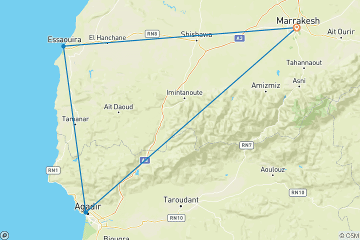 Carte du circuit Maroc avec objectif : Marrakech, Agadir et Essaouira