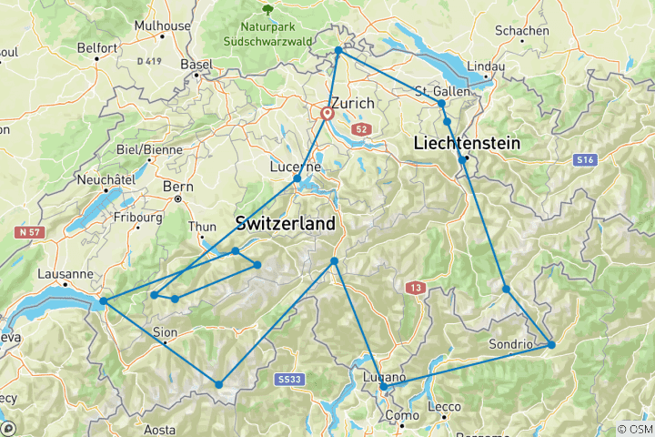 Map of Grand Tour of Switzerland Explorer Panoramic: join-in group tour