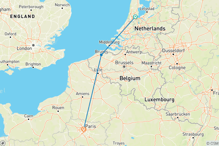 Karte von Die Wunder von Amsterdam, Brügge und Paris mit dem Zug