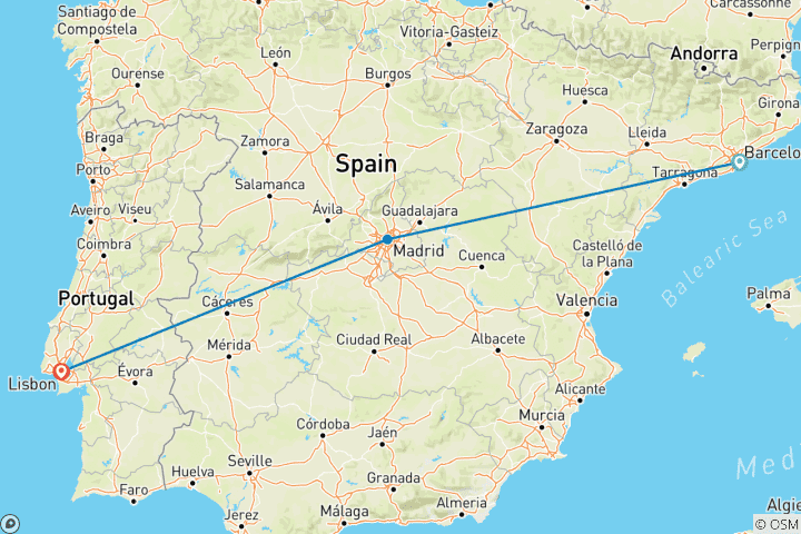 Carte du circuit Forfait touristique dans les villes de Barcelone, Madrid et Lisbonne