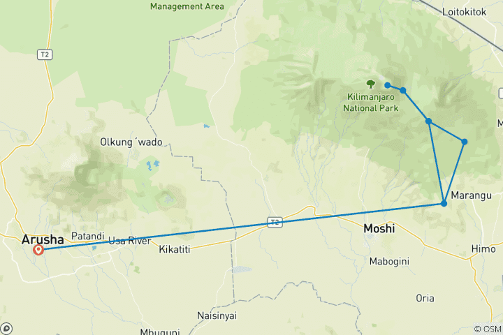 Kaart van 6 dagen beklimming van de Kilimanjaro (Marangu Route)