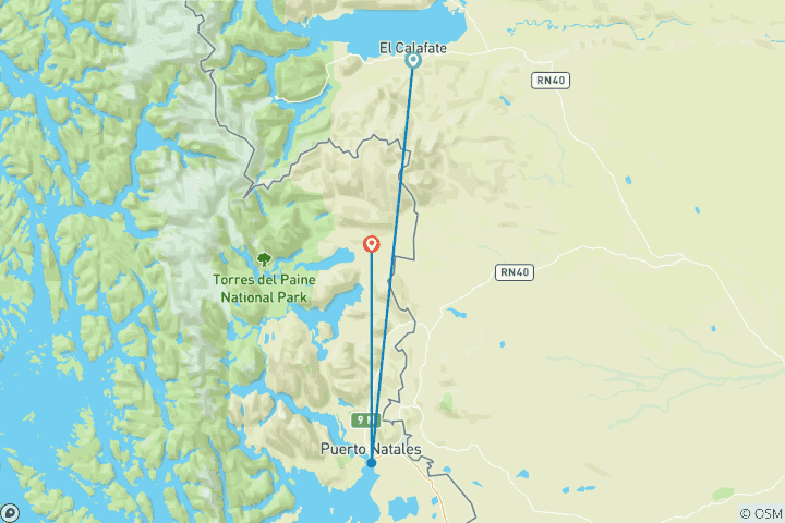 Map of Perito Moreno Glacier and Torres del Paine W-Trek (9 Days)