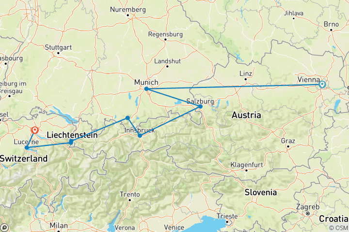 Kaart van Kerstmarkten van Oostenrijk, Duitsland & Zwitserland - 8 dagen