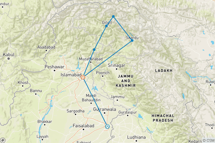 Map of 12 Days Lahore, Islamabad, Hunza & Skardu Tour Pakistan