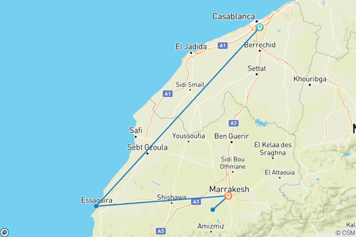 Carte du circuit Aventure familiale au Maroc : À la découverte des villes, des délices de la côte et des merveilles du désert