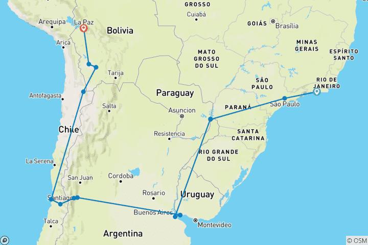 Carte du circuit 5 pays : Rio de Janeiro à La Paz (30 jours)