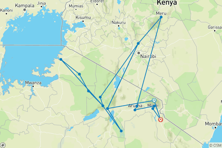 Map of Tanzania Photographic Safari - Materuni to Mara River