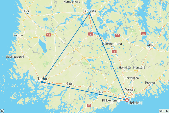 Carte du circuit Helsinki - Turku - Tampere en train