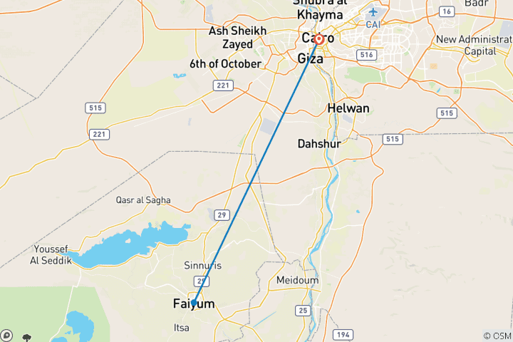 Mapa de Acampada nocturna en el oasis de El-Fayoum desde El Cairo