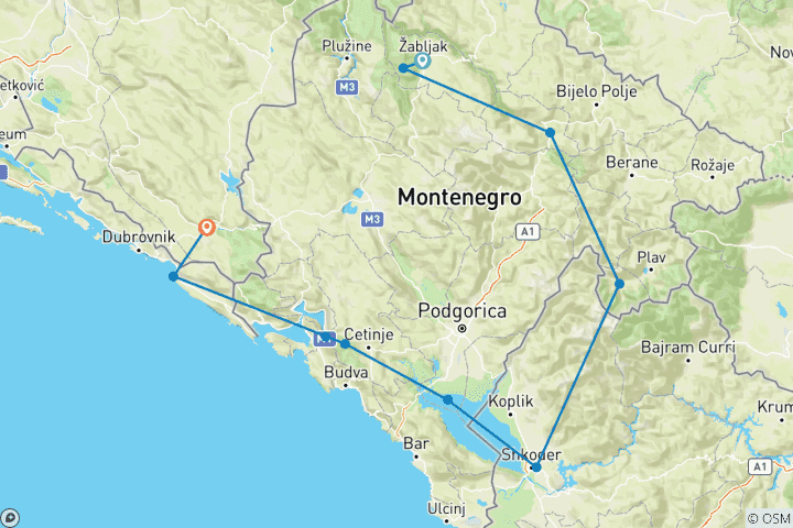 Map of Balkan Express 4in1 Self Guided Cycling Adventure: Montenegro, Albania, Croatia, Bosnia & Herzegovina