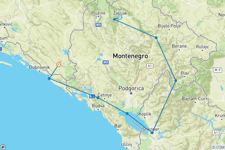 Carte du circuit Balkan Express 4in1 - Aventure cycliste autoguidée : Monténégro, Albanie, Croatie, Bosnie-Herzégovine