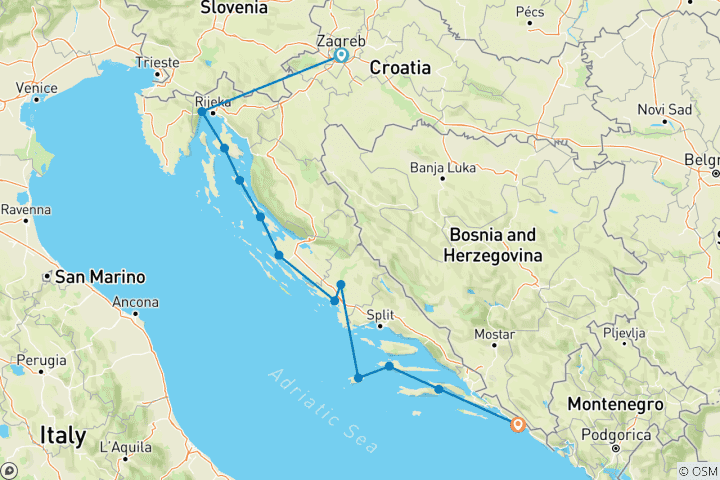 Carte du circuit Découverte des îles croates - Zagreb → Dubrovnik (2025)