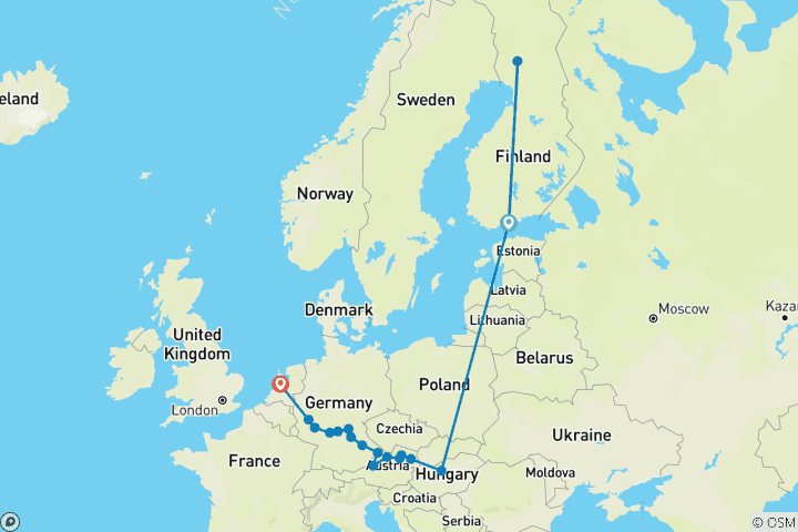 Map of Northern Lights and Lapland with Magnificent Europe Helsinki → Amsterdam (2025)