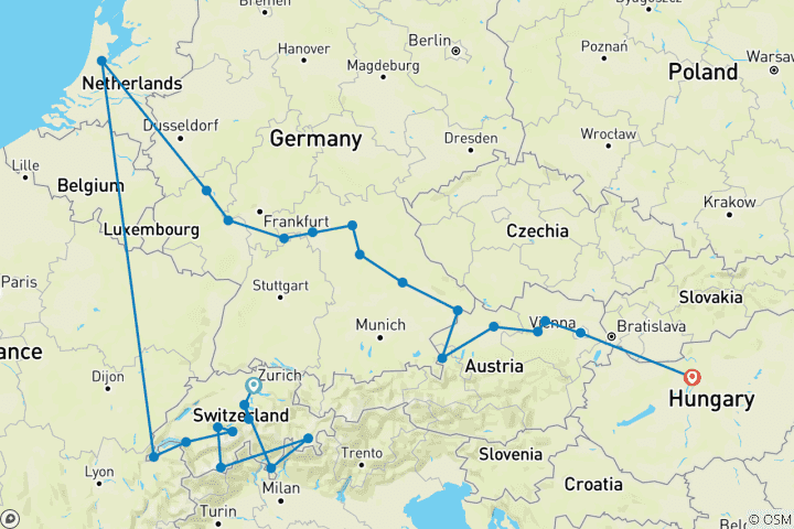 Map of Switzerland by Rail with Magnificent Europe Zurich → Budapest (2025)