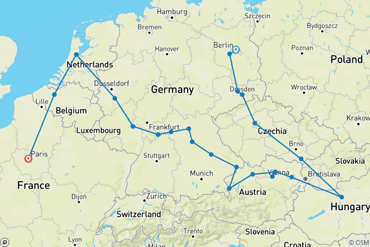 Mapa de Navidad festiva con la magnífica Europa y París Berlín → París (2025)