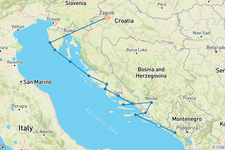 Carte du circuit Croatie et Monténégro en profondeur - Dubrovnik → Zagreb (2025)