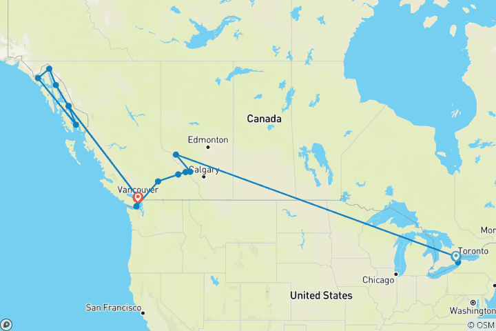 Carte du circuit Odyssée du train canadien avec croisière en Alaska - 2024