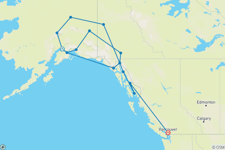 Mapa de Alaska y el Yukón con el crucero 2024