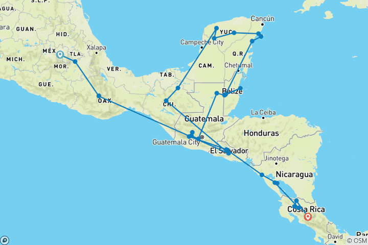 Carte du circuit Exploration de l'Amérique centrale (68 destinations)