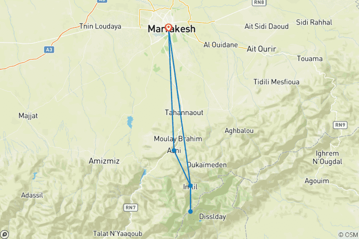 Karte von Mount Toubkal Trekkingreise ab Marrakesch 3 Tage