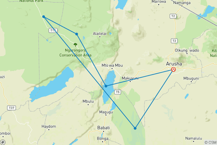 Karte von Manyara, Serengeti, Krater & Tarangire 6 Tage