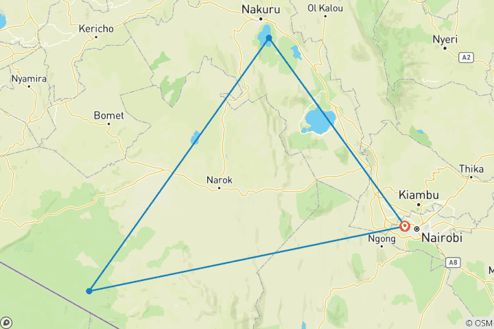 Map of 4 Days, 3 Nights Maasai Mara and Lake Nakuru National Park Kenya Group Joining Budget Safari