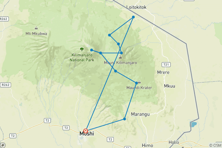 Karte von Kilimandscharo Betseigung über die Rongai Route 7 Tage