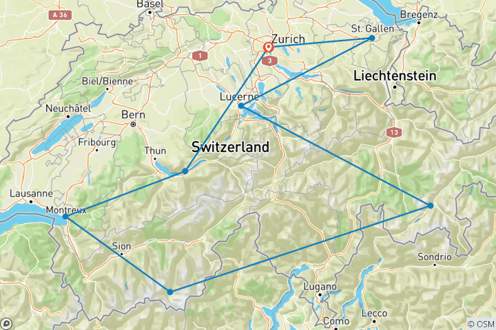 Karte von Große durch die Schweiz mit der Bahn