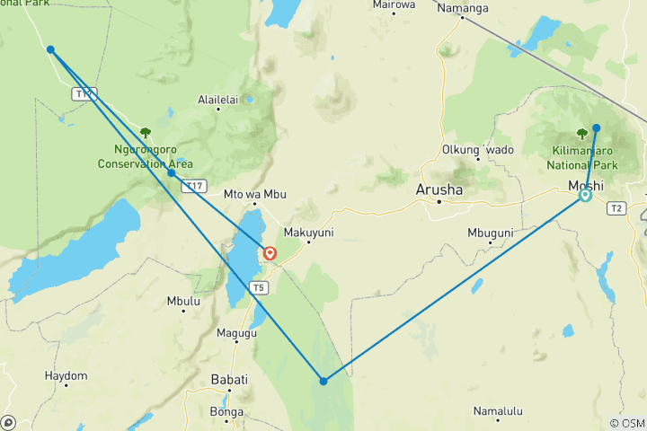 Map of 14 Days Peaks to Plains: Lemosho Route Kilimanjaro Trekking & Safari