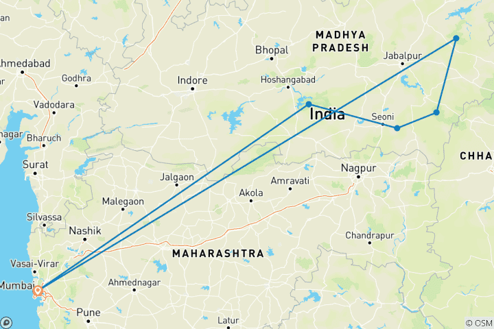 Carte du circuit Meilleur endroit pour un safari dans la jungle en Inde à partir de Mumbai All inclusive