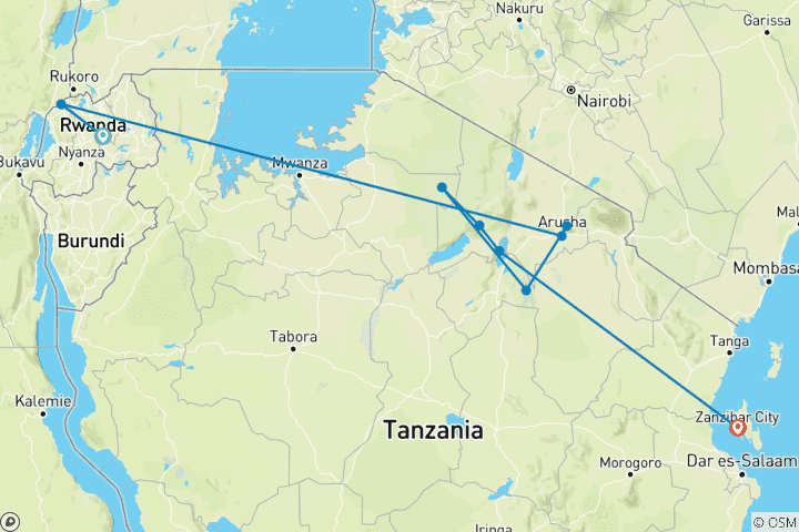 Carte du circuit 16 jours de safari avec les gorilles et Zanzibar : un mélange parfait d'aventure et de romantisme