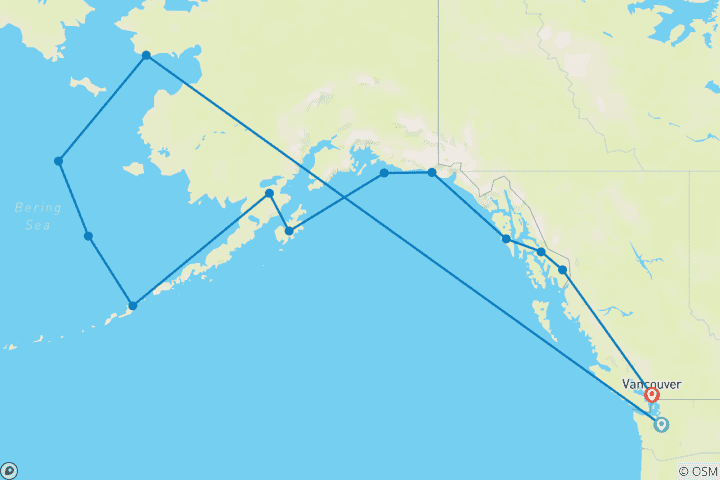 Mapa de Alaska y Columbia Británica-Pasaje Interior, Osos e Islas Aleutianas (en dirección sur) (MS Roald Amundsen)