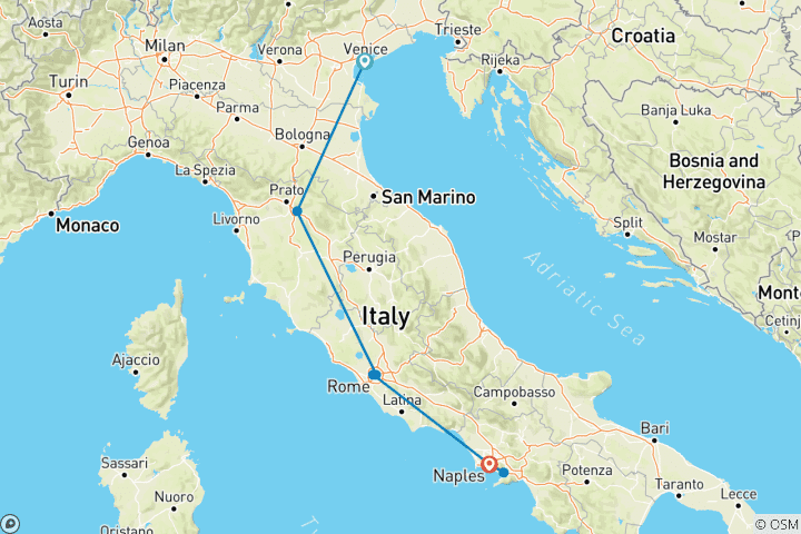 Map of Winter “Eco-Comfort” Tour of Italy by Train