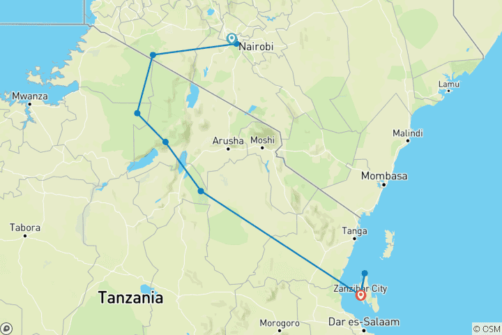 Mapa de La odisea definitiva de África oriental: Una aventura safari de 14 días por Tanzania, Kenia y Zanzíbar