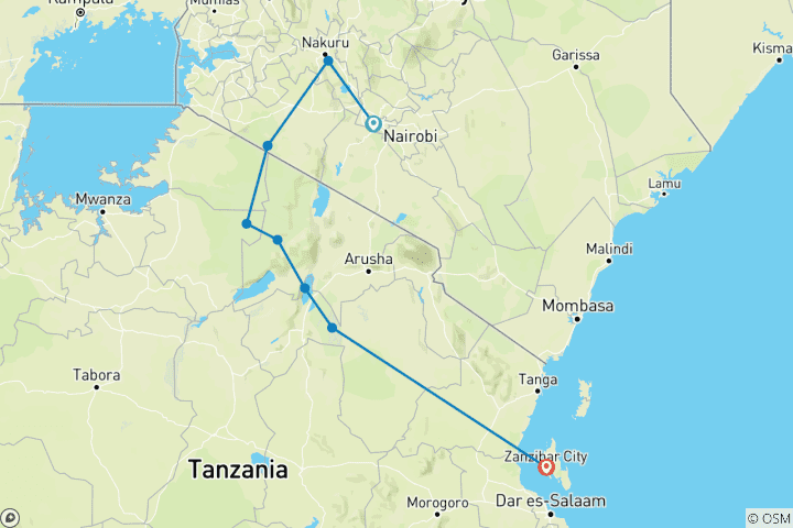 Map of Ultimate African Adventure: Experience Kenya, Tanzania & Zanzibar's Pristine Wonders in Just 13 Days.