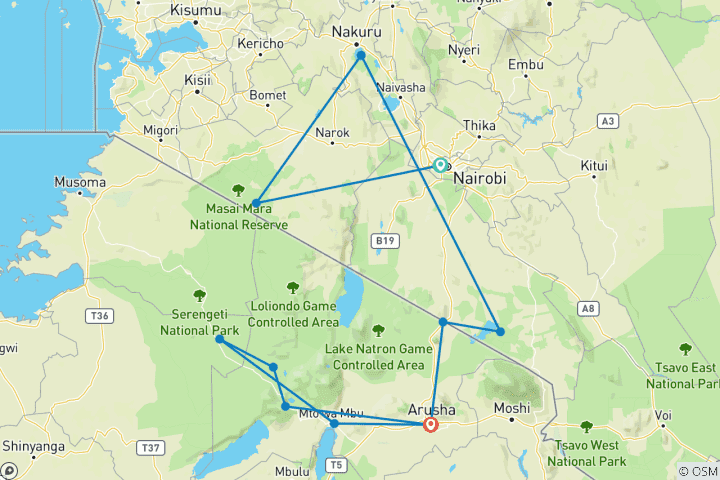 Karte von Beste 9 Tage Budget-Safari in Kenia & Tansania, Afrika: von von Nairobi zum günstigsten Preis -