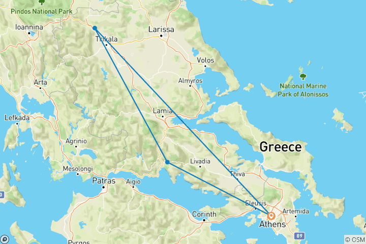 Mapa de Delfos, Meteora, Acrópolis y Degustación Gastronómica en Visita Privada de 3 Días