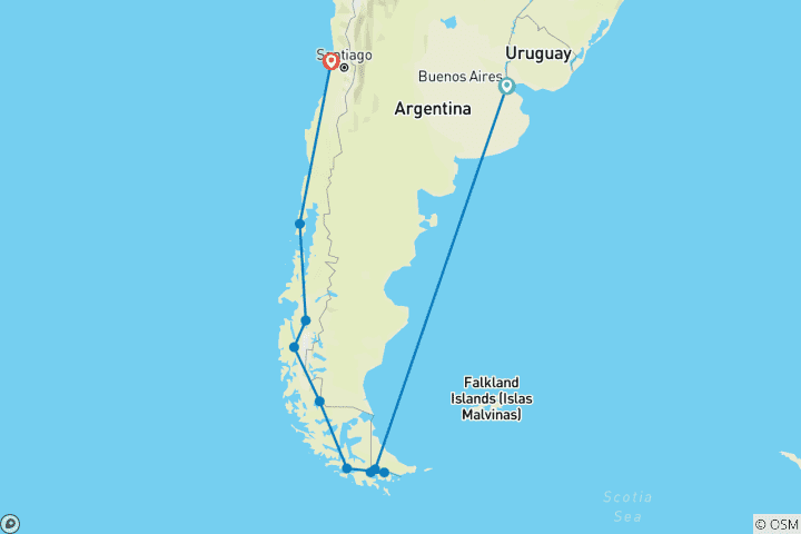 Map of In-depth Patagonia & Chilean Fjords Expedition (2024) (from Buenos Aires to Valparaiso)