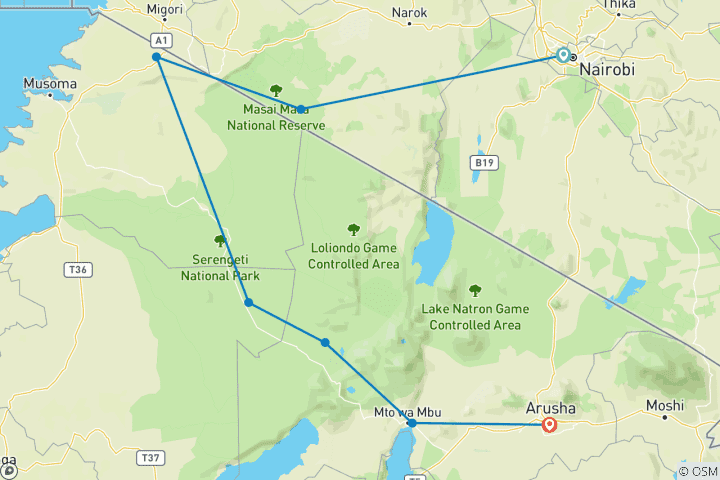 Karte von Entdecken Sie unsere 8 Tage Weltklasse-Safari durch Kenia und Tansania: Beginnend in Nairobi, Kenia, und bisnd in Arusha, Tansania