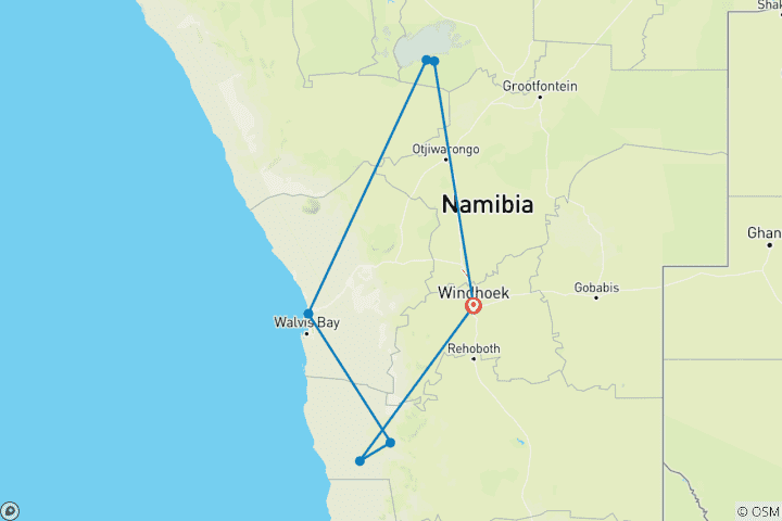 Map of 7 Day Namibian Highlights Lodge Safari * DEPARTING MONDAY