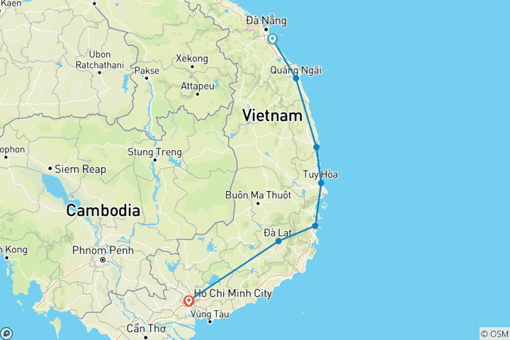 Mapa de Recorrido en bicicleta por Vietnam De Hoi An a Saigón