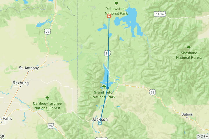 Mapa de Gran Teton y Yellowstone Senderismo, acampada y Glamping