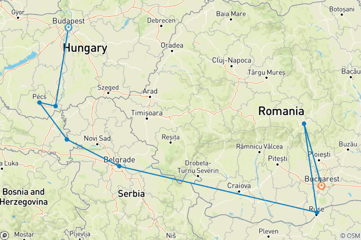 Map of Balkan Adventure with Transylvania Budapest → Bucharest (2025)