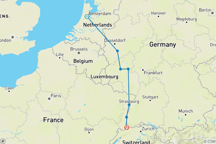 Map of Rhine and Moselle Christmas Markets Amsterdam → Basel (2025)